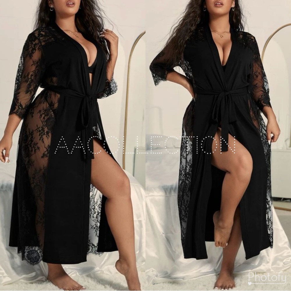 Sexy Plus Size Sheer Mesh Floral Lace Black Cover Up Robe Black